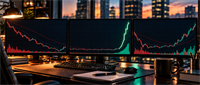 Three desktop monitors display candlestick stock price charts with volume bars, set in an office overlooking a city skyline.