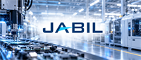 Jabil logo displayed over an electronics manufacturing facility with automated assembly equipment and circuit boards.