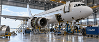 Commercial airplane undergoing maintenance in a hangar with exposed engine, surrounded by equipment bearing the AAR logo.