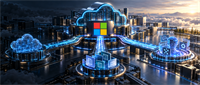Illustration of the Microsoft logo atop a glowing digital data center and cloud computing network with connected icons.