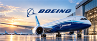 Boeing 787 aircraft parked near a hangar at sunset with the Boeing logo displayed above.