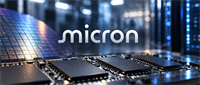 Micron logo displayed over a silicon wafer and semiconductor chips on a circuit board in a data center.
