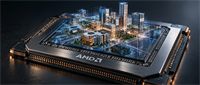 Conceptual image of an AMD processor chip with a miniature illuminated city rendered on its surface.