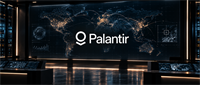 Palantir logo displayed on a large screen with a world map and data visualizations in a control room setting.