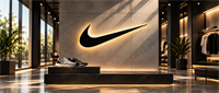 Illuminated Nike swoosh logo on a wall above a display pedestal with sneakers in a retail store.
