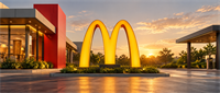 Illuminated golden arches logo of McDonald's stands outside a modern restaurant building at sunset.