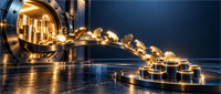 Illustration of gold coins flowing from an open bank vault onto a stack of coins outside.