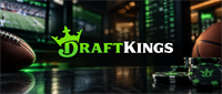 DraftKings logo displayed with a football, basketball, and poker chips on a dark sportsbook-themed background.