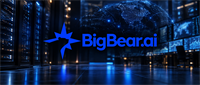 BigBear.ai logo displayed over a data center and digital globe background with network connections.