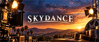 Skydance logo over a film set scene with studio lights, camera equipment, and film reels against a sunset skyline.