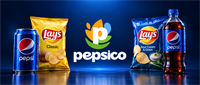 PepsiCo logo with a Pepsi can, a Pepsi bottle, and two bags of Lay's potato chips.
