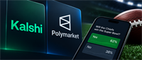 Kalshi and Polymarket logos beside a smartphone showing a prediction market on the Chiefs winning the Super Bowl, with a football in the background.