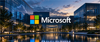 Microsoft logo displayed over an illuminated glass office building at dusk, reflected in a water feature.