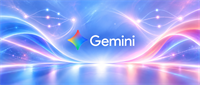 Google's Gemini AI logo displayed against an abstract blue and pink light-wave background.