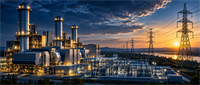 Power plant with illuminated smokestacks and electrical substation beside transmission towers at sunset.