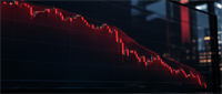Digital screen displays a red candlestick stock chart trending downward, illustrating a declining market against a city skyline.