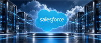 Illustration of the Salesforce cloud logo glowing above a pedestal in a server data center.