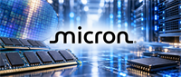 Micron logo displayed over a silicon wafer, memory modules, semiconductor chips, and server racks.