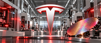 Illuminated Tesla logo in a factory setting with robotic machinery and a semiconductor wafer in the foreground.