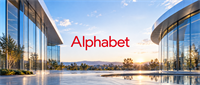 Alphabet logo displayed over a modern glass office campus with a reflecting pool at sunset.