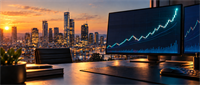 Office desk with dual monitors displaying an upward-trending stock price chart, overlooking a city skyline at sunset.
