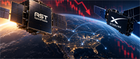 Illustration of AST SpaceMobile and Starlink satellites orbiting Earth above a declining red stock price chart.