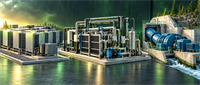 Industrial energy facility with cooling units, piping systems, and a large turbine beside flowing water.