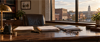 Executive office desk with documents, glasses, and a leather chair overlooking a town square at sunset.