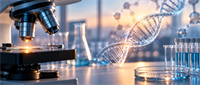 Laboratory scene with a microscope, glassware, test tubes, and a digital DNA double helix illustration.
