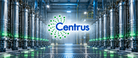 Centrus Energy logo displayed over rows of metal enrichment equipment in an industrial facility.