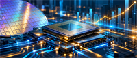 Illustration of a semiconductor chip and silicon wafer on a circuit board with an ascending stock price chart.