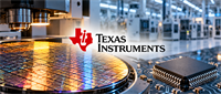 Texas Instruments logo overlaid on a semiconductor wafer, microchip on a circuit board, and a factory production line.