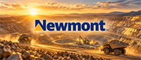 Newmont logo over an open-pit mine with haul trucks and excavation equipment at sunset.