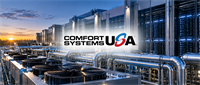 Comfort Systems USA logo over rooftop HVAC units and piping at a data center facility during sunset.