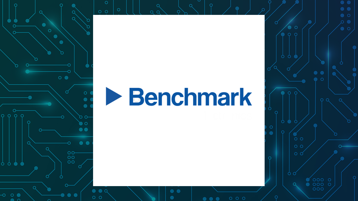 Benchmark Electronics logo with Computer and Technology background