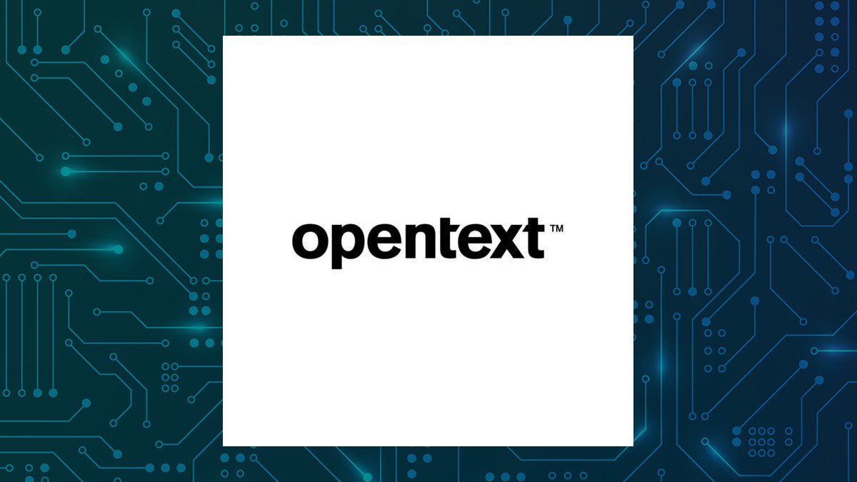 Open Text logo with Computer and Technology background