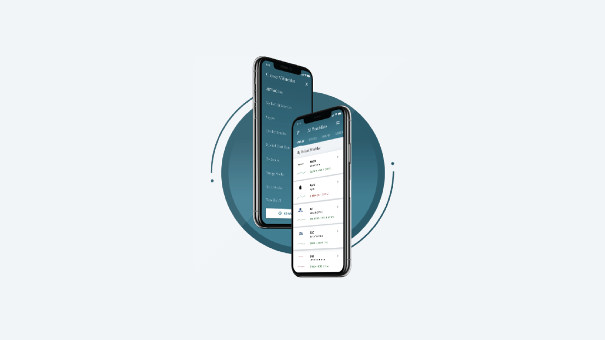 two phones with the marketbeat app showing users watchlist