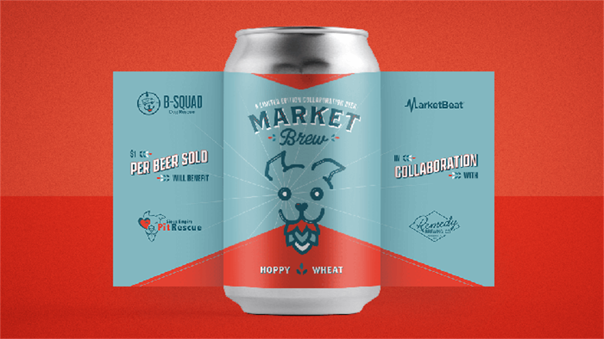 MarketBrew beer can design with MarketBeat, Remedy Brewing, B-Squad Dog Rescue, and Sioux Empire Pit Rescue logos