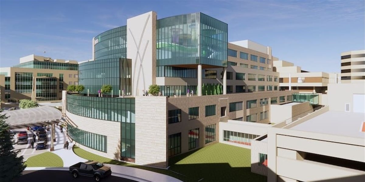 Rendering of new children's hospital within a patient care tower at Avera McKennan Hospital & University Health Center.