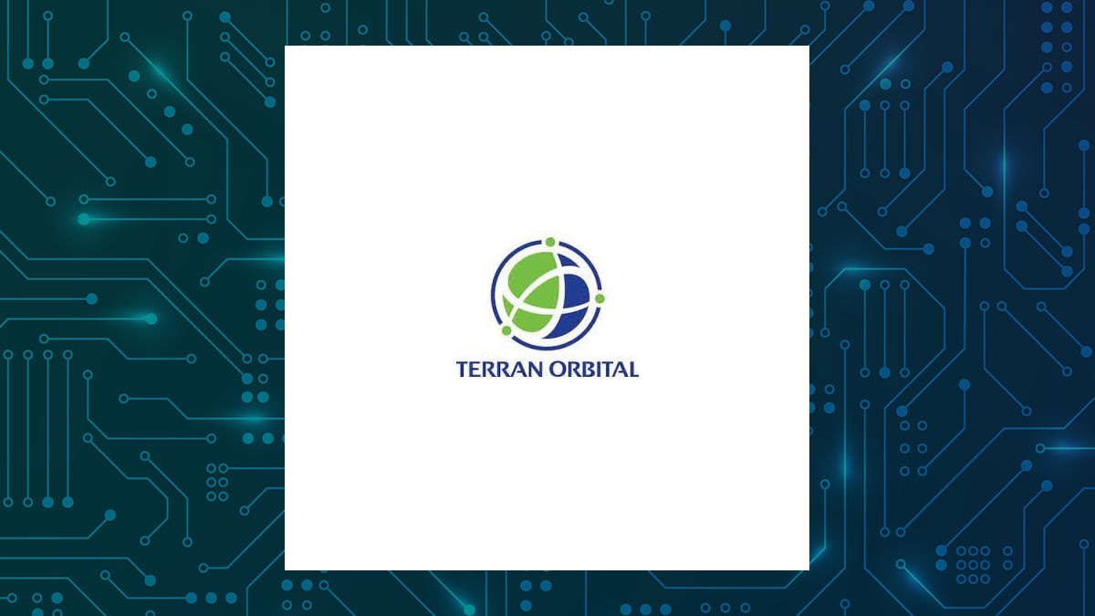 Terran Orbital logo with Computer and Technology background
